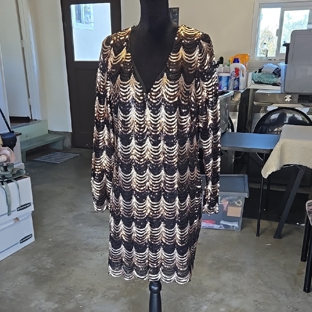 Charlotte Russe Black and Gold Sequin Long Sleeve Dress